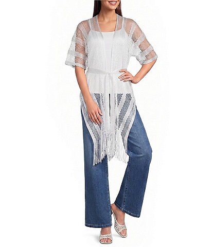 Vince Camuto Short Sleeve Mesh Net Fringe Tie Front Topper