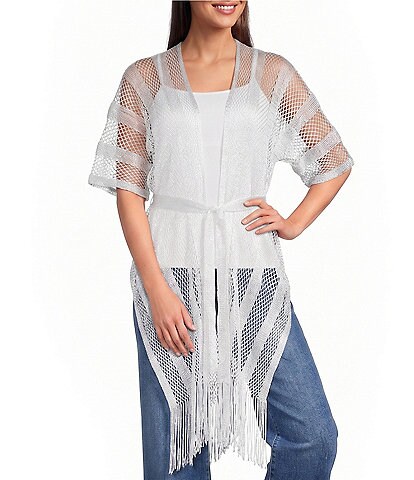Vince Camuto Short Sleeve Mesh Net Fringe Tie Front Topper