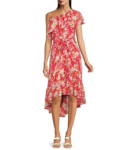 Vince Camuto Short Sleeve One Shoulder Floral Print Tie Waist Ruffle High-Low Midi Dress