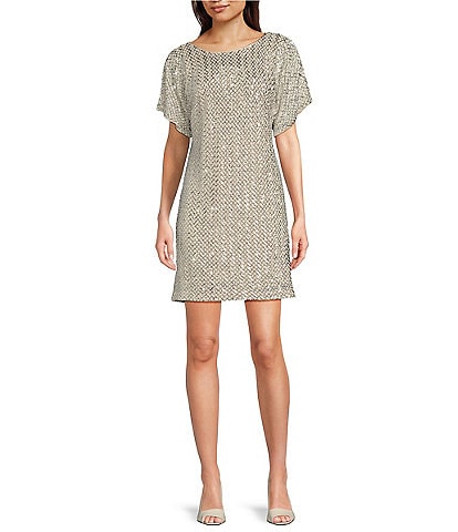 Vince Camuto Short Sleeve Round Neck Sequined Shift Mini Dress