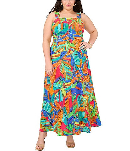 Vince Camuto Size Plus Square Neck Tropical Palm Sleeveless Maxi Dress