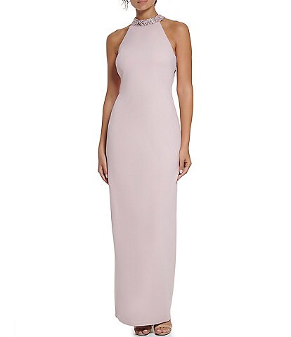 Vince Camuto Sleeveless Scuba and Sequin Halter Mock Neck Gown