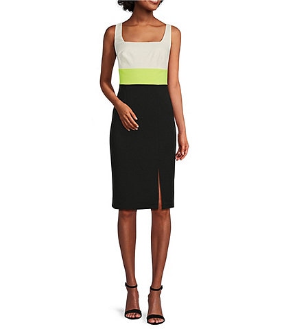 Vince Camuto Sleeveless Square Neck Color Block Midi Bodycon Sheath Dress