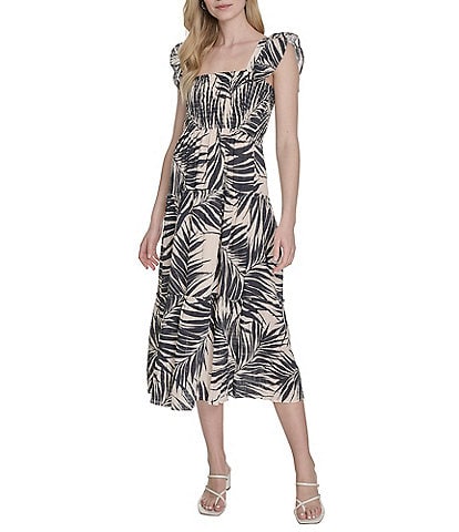 Vince Camuto Smocked Printed Square Neck Sleeveless Tiered Fit And Flare Midi Dress