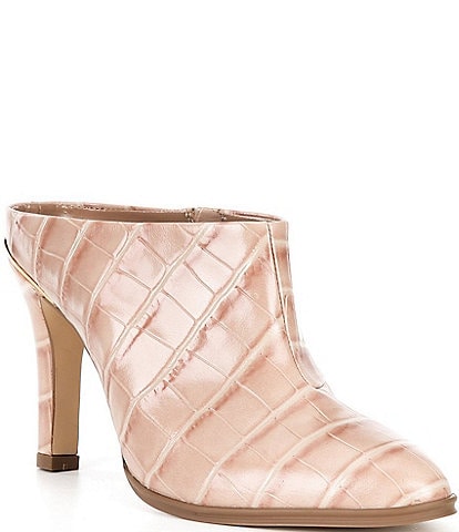 Vince Camuto Solene Croco Print Leather Metal Rand Mules