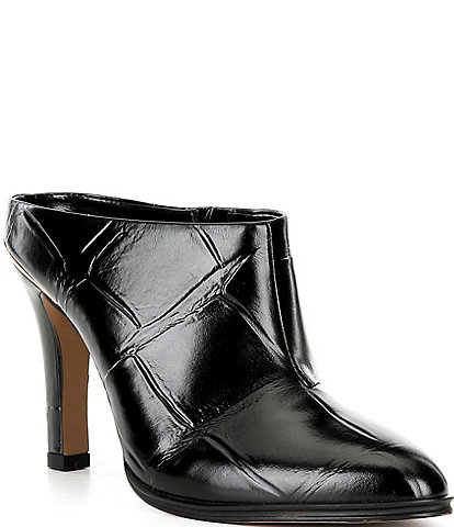 Vince Camuto Solene Croco Print Leather Metal Rand Mules