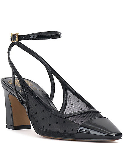 Vince Camuto Somlee Patent Leather Dotted Mesh Ankle Strap Cap Toe Pumps