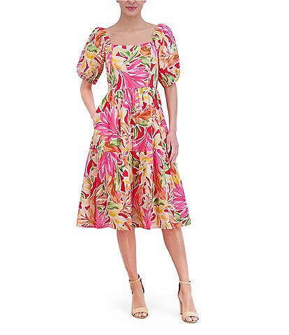 Vince Camuto Square Neck Short Sleeve Floral Print Midi A-Line Dress