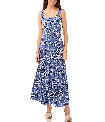 Vince Camuto Square Neck Sleeveless Thick Strap Paisley Print A-Line Maxi Dress