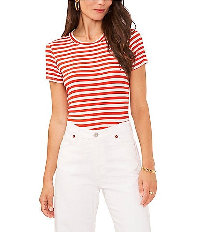 Vince Camuto Striped Print Crew Neck Short Sleeve Knit Tee Shirt