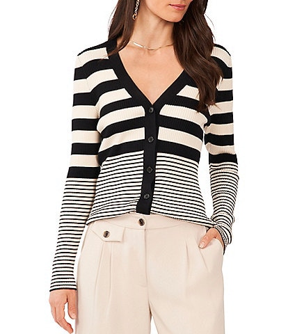 Vince Camuto Striped Ribbed Knit V-Neck Long Sleeve Button Front Cardigan