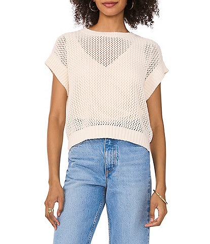 Vince Camuto Sweater Pointelle Crew Neck Short Sleeve Vest