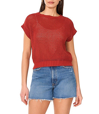 Vince Camuto Sweater Pointelle Crew Neck Short Sleeve Vest