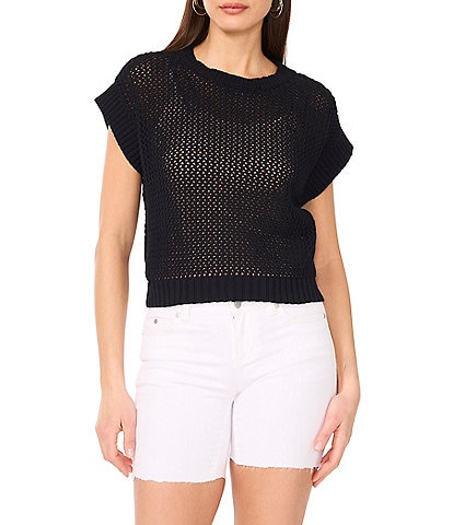 Vince Camuto Sweater Pointelle Crew Neck Short Sleeve Vest