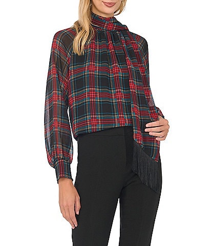 Vince Camuto Tartan Plaid Chiffon Tie Neck Long Sleeve Fringe Blouse