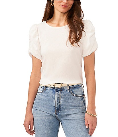 Vince Camuto Textured Knit Gathered Short Puff Sleeve Top