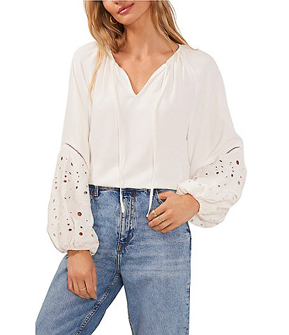 Vince Camuto Tie Front V-Neck Eyelet Detail Long Sleeve Blouse