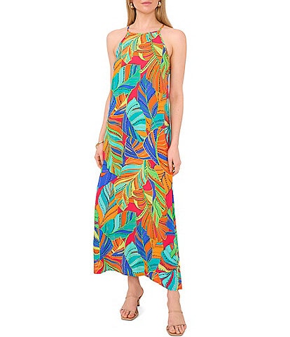 Vince Camuto Tropical Print Halter Neck Sleeveless Shift Maxi Dress