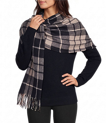 Vince Camuto Twin Plaid Print Mixed Feather Soft Scarf Wrap