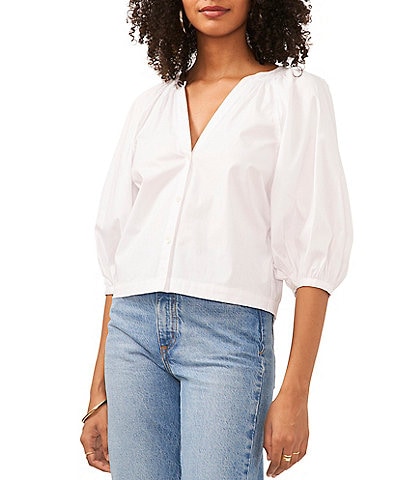 Vince Camuto V-Neck 3/4 Puff Sleeve Button Front Blouse