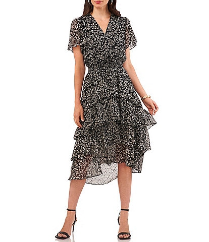 Vince Camuto V-Neck Flutter Sleeve Four Tier Ruffle Layered Dress