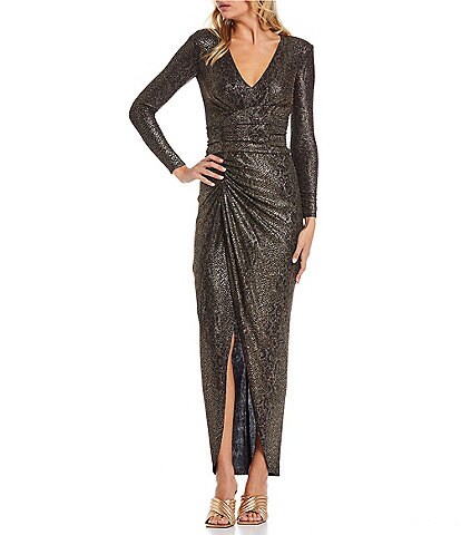 Vince Camuto V-Neck Long Sleeve Shirred Metallic Snakeskin Knit Faux Wrap Sheath Gown