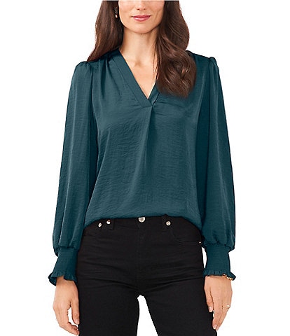 Vince Camuto V-Neck Long Sleeve Smocked Cuff Rumple Blouse