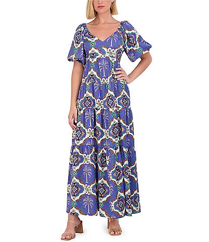 Vince Camuto V-Neck Short Puff Sleeve Cinched Tie Open Back Empire Waist Tiered Maxi Dress