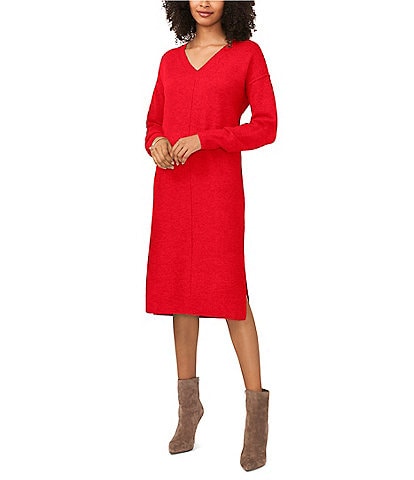 Vince Camuto V-Neckline Long Sleeve Midi Sweater Dress