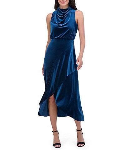 Vince Camuto Velvet Drape Cowl Mock Neck Blouson Wrap Ruffle Flounce Silt Hem Midi Dress