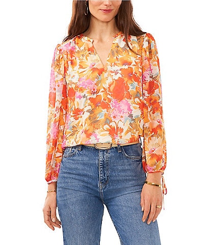 Vince Camuto Watercolor Floral Print Chiffon Split V-Neck Long Sleeve Tie Cuff Blouse
