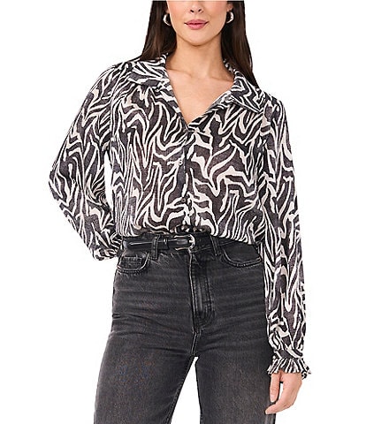 Vince Camuto Wild Zebra Print Point Collar Long Sleeve Satin Yoryu Button Front Shirt