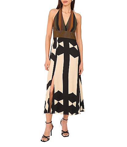 Vince Camuto Woven Abstract Print V-Neck Sleeveless Printed Midi Dress