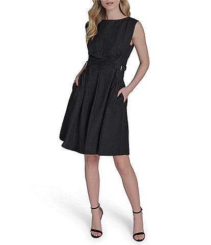 Vince Camuto Woven Boat Neck Sleeveless Ruched Fit and Flare Dress