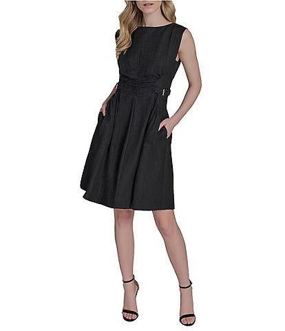 Vince Camuto Woven Boat Neck Sleeveless Ruched Fit and Flare Dress