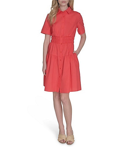 Vince Camuto Woven Collared Short Sleeve Button Front Shirt Dress