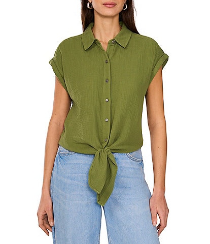 Vince Camuto Woven Collared Short Sleeve Tie Front Blouse