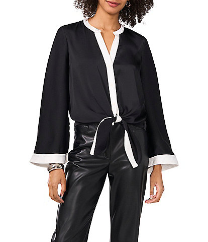 Vince Camuto Woven Contrast Trim Split V-Neck Flare Sleeve Tie Front Blouse