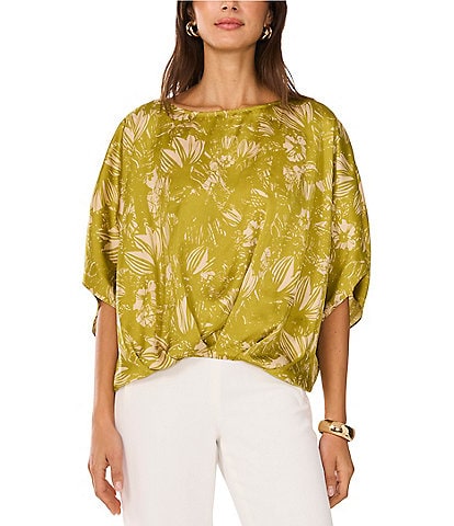 Vince Camuto Woven Floral Print Boat Neck Short Sleeve Blouse