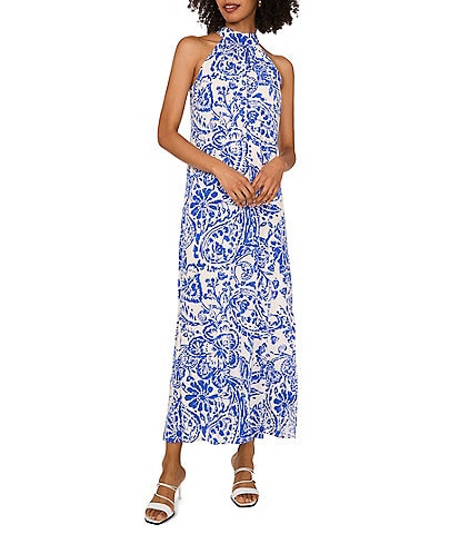 Vince Camuto Woven Floral Print Halter Neck Sleeveless Side Slit Shift Maxi Dress