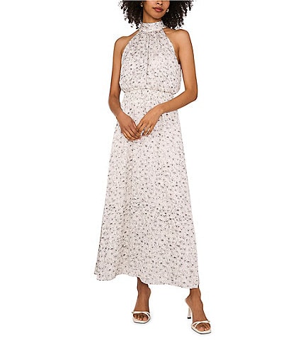 Vince Camuto Woven Floral Print Halter Sleeveless Smocked Waist Blouson Maxi Dress