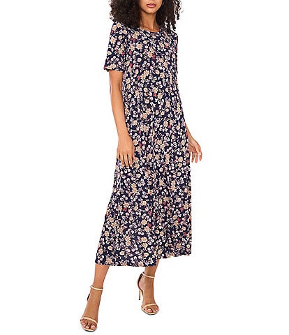 Vince Camuto Woven Floral Print Round Neck 3/4 Sleeve Maxi A-Line Dress