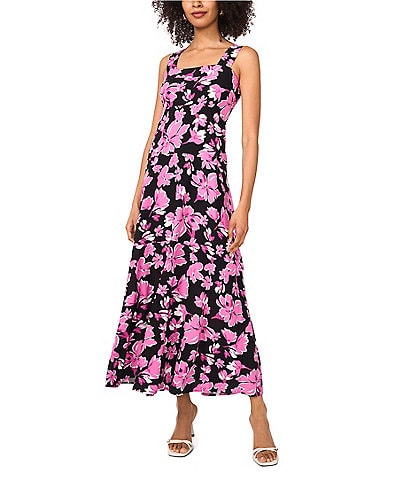 Vince Camuto Woven Floral Print Square Neck Sleeveless Tiered Maxi Shift Dress