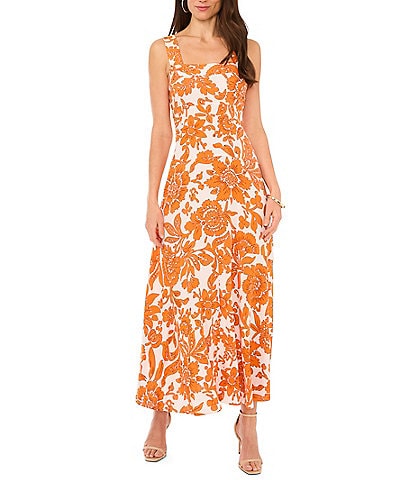Vince Camuto Woven Floral Print Square Neckline A-Line Maxi Dress