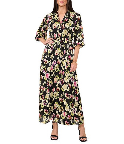 Vince Camuto Woven Floral Print V-Neck 3/4 Sleeve Belted Maxi Dress