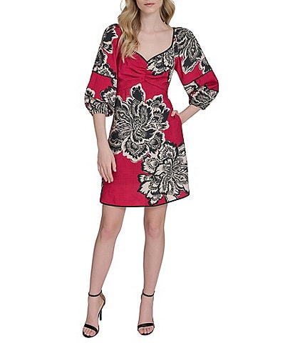 Vince Camuto Woven Floral Print V-Neck 3/4 Sleeve Sheath Dress