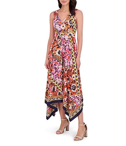 Vince Camuto Woven Floral Print V-Neck Sleeveless Asymmetrical Hi-Low Midi Dress
