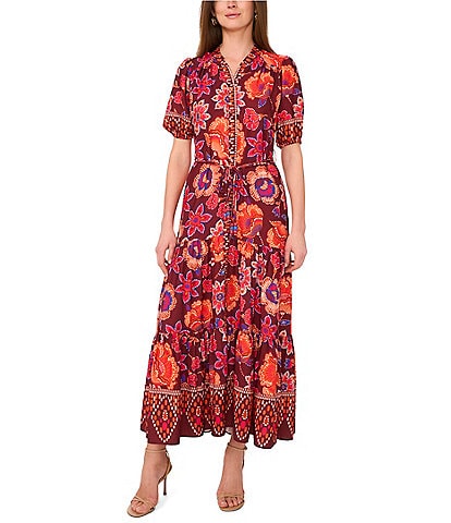 Vince Camuto Woven Floral V-Neck Short Puff Sleeve Button Front Tiered Maxi Dress