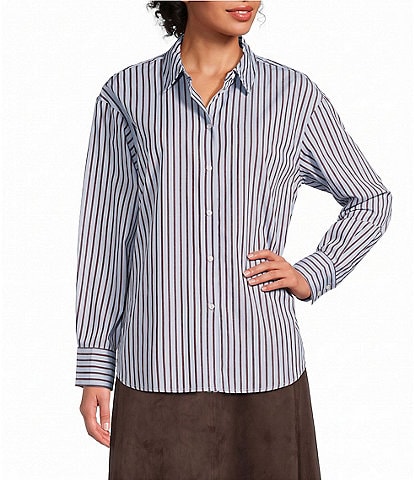 Vince Camuto Woven Long Sleeve Stripe Button Front Top