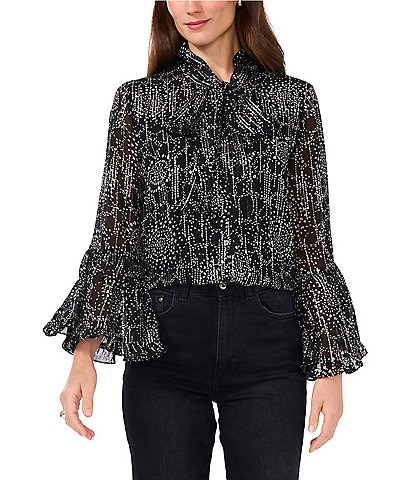 Vince Camuto Woven Mock Neck Long Flounce Sleeve Tie Front Blouse